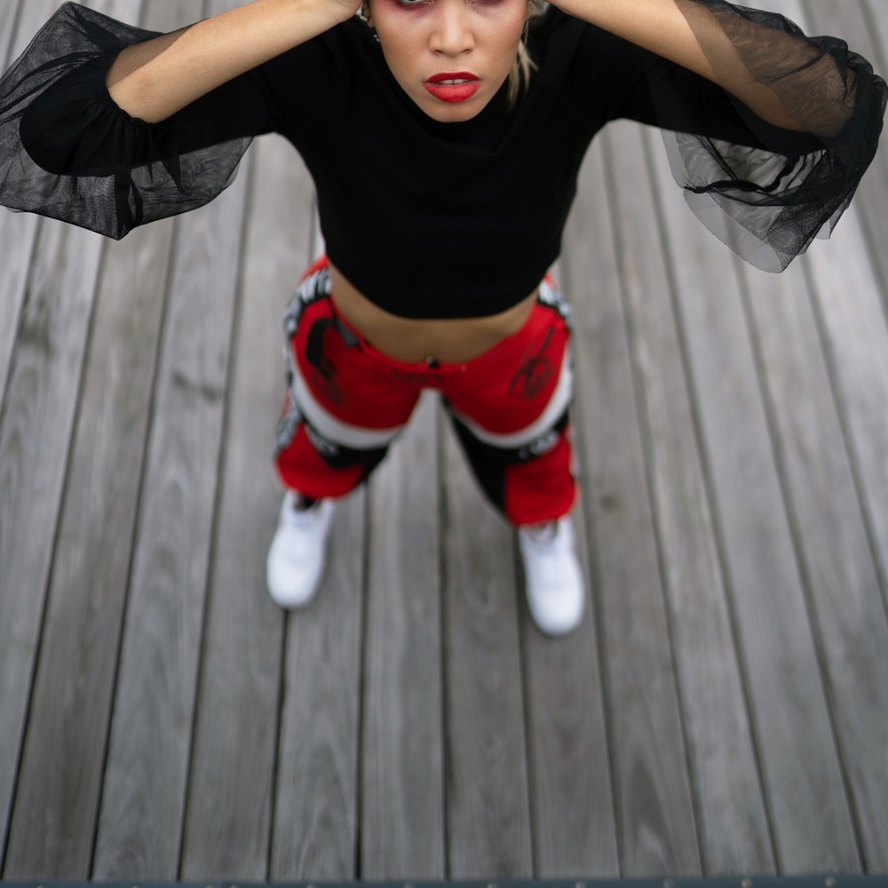Black Crop Top w/ Tulle Sleeve